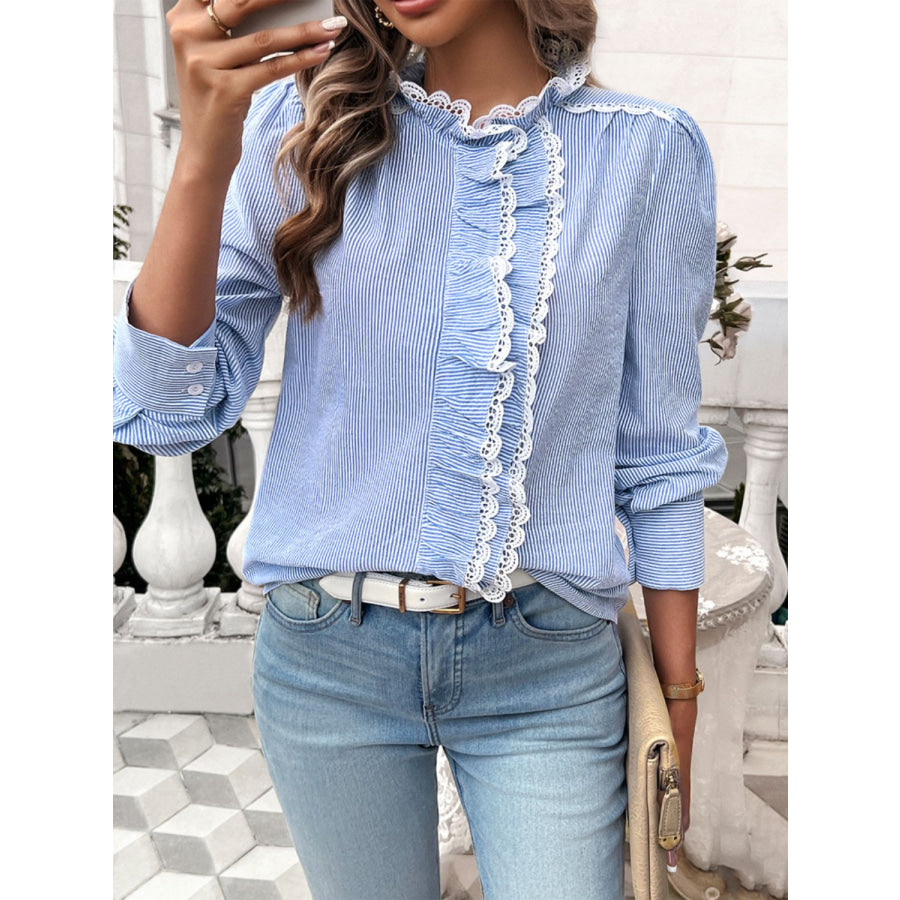 Lace Detail Ruffled Round Neck Long Sleeve Shirt Apparel and Accessories