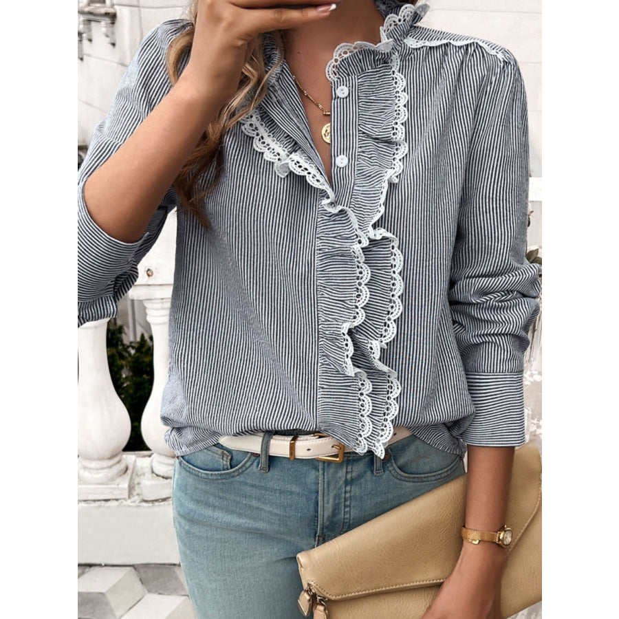 Lace Detail Ruffled Round Neck Long Sleeve Shirt Apparel and Accessories