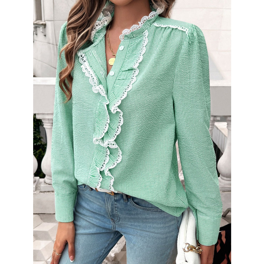 Lace Detail Ruffled Round Neck Long Sleeve Shirt Apparel and Accessories