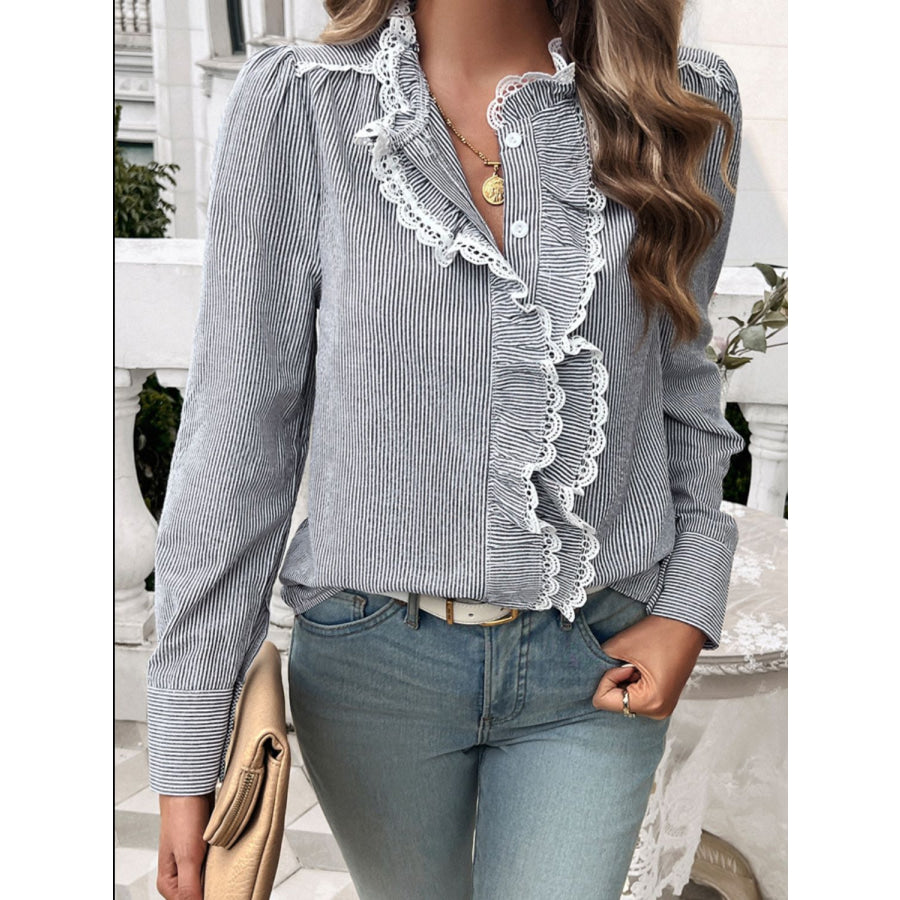 Lace Detail Ruffled Round Neck Long Sleeve Shirt Apparel and Accessories