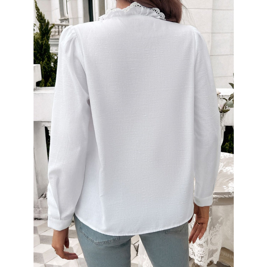 Lace Detail Ruffled Round Neck Long Sleeve Shirt Apparel and Accessories
