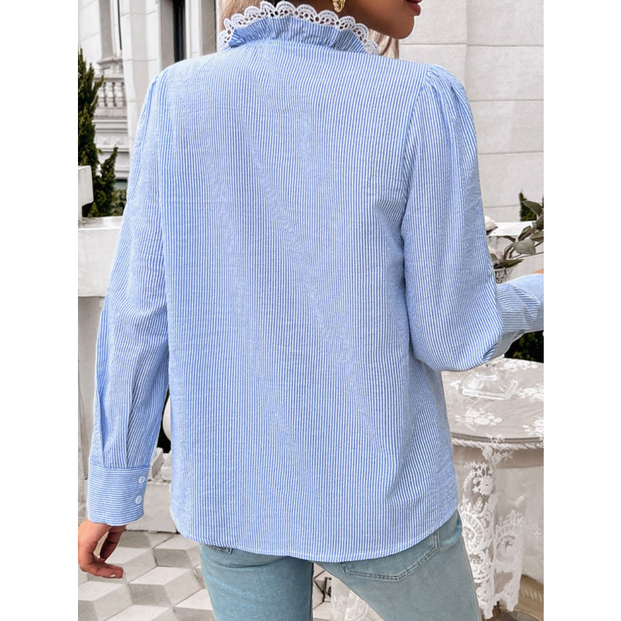 Lace Detail Ruffled Round Neck Long Sleeve Shirt Apparel and Accessories
