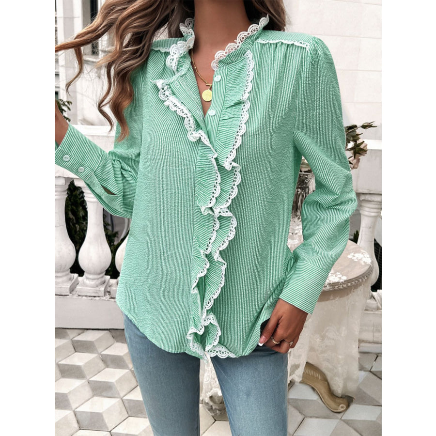 Lace Detail Ruffled Round Neck Long Sleeve Shirt Apparel and Accessories