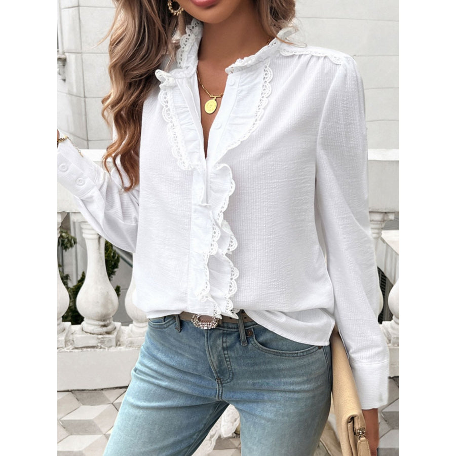 Lace Detail Ruffled Round Neck Long Sleeve Shirt Apparel and Accessories