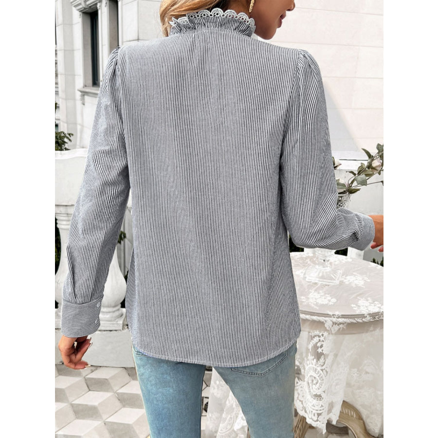 Lace Detail Ruffled Round Neck Long Sleeve Shirt Apparel and Accessories