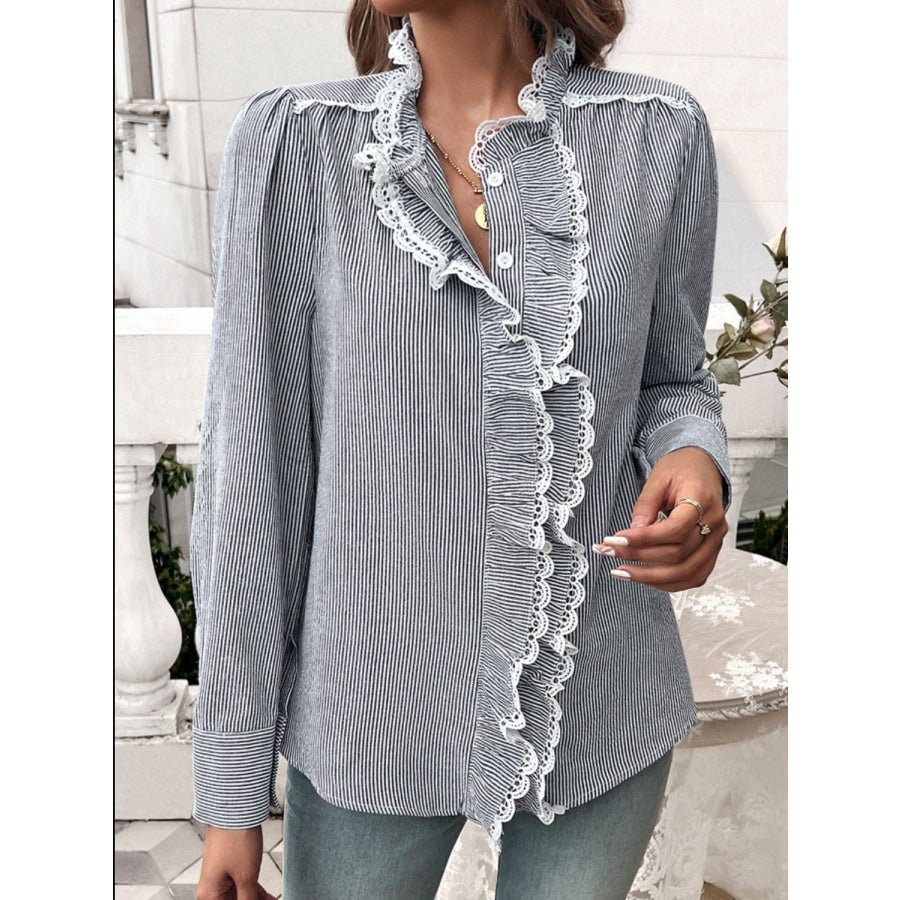 Lace Detail Ruffled Round Neck Long Sleeve Shirt Black/White / S Apparel and Accessories