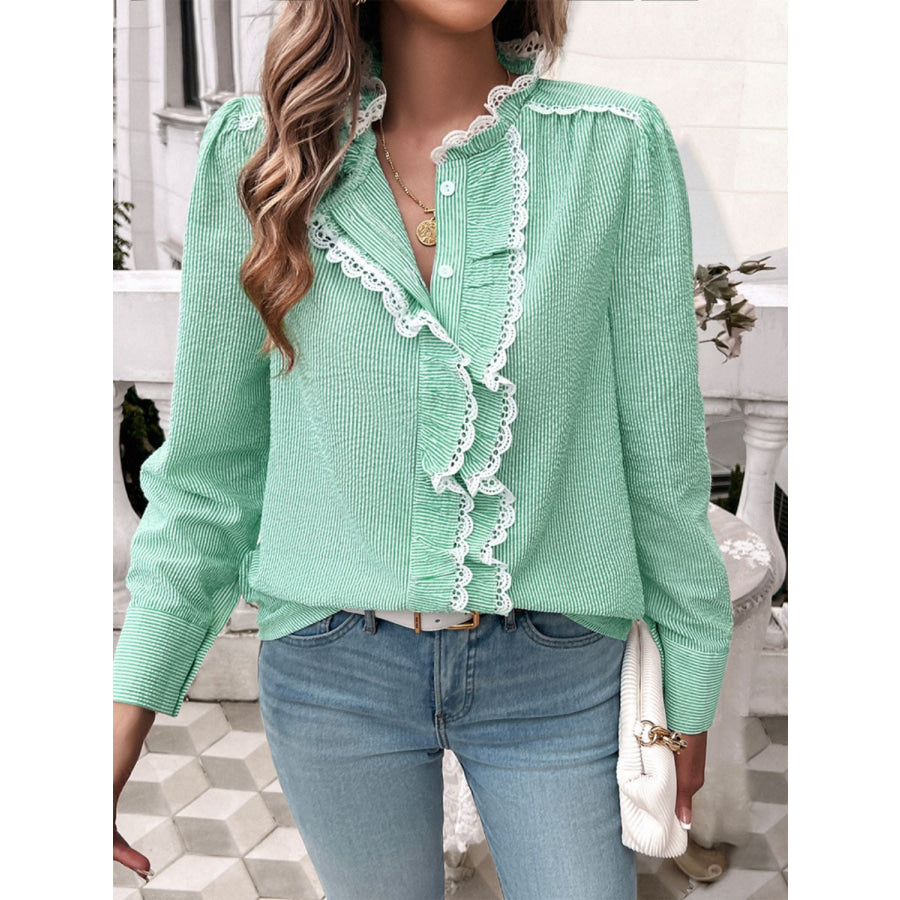 Lace Detail Ruffled Round Neck Long Sleeve Shirt Green / S Apparel and Accessories