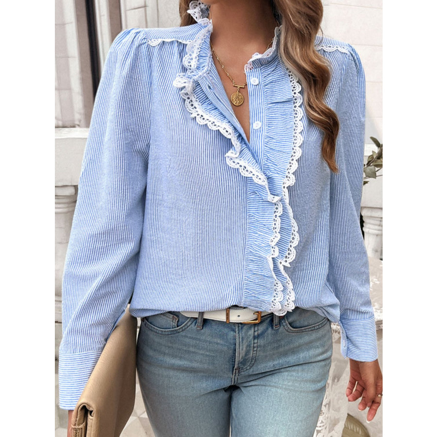 Lace Detail Ruffled Round Neck Long Sleeve Shirt Light Blue / S Apparel and Accessories