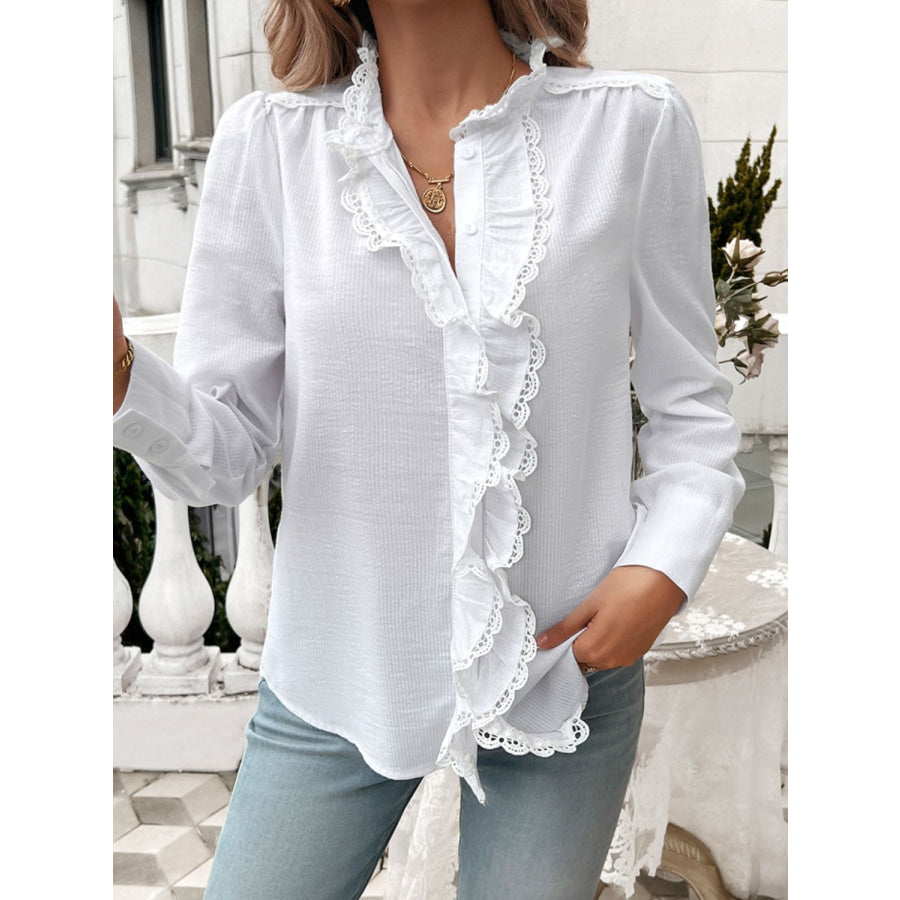 Lace Detail Ruffled Round Neck Long Sleeve Shirt White / S Apparel and Accessories