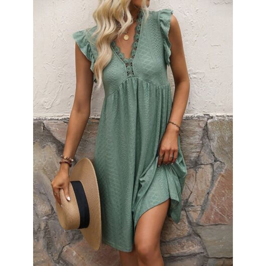 Lace Detail Ruffled V-Neck Mini Dress Clothing