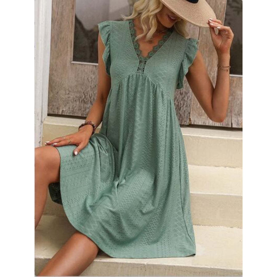 Lace Detail Ruffled V-Neck Mini Dress Clothing