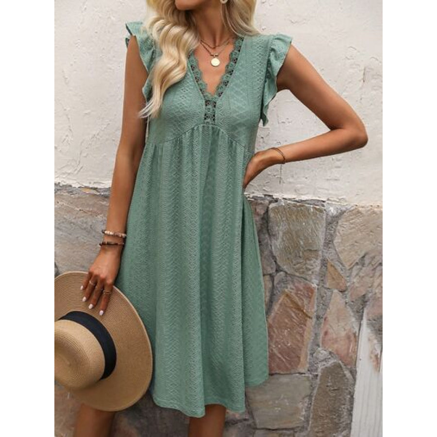 Lace Detail Ruffled V-Neck Mini Dress Clothing