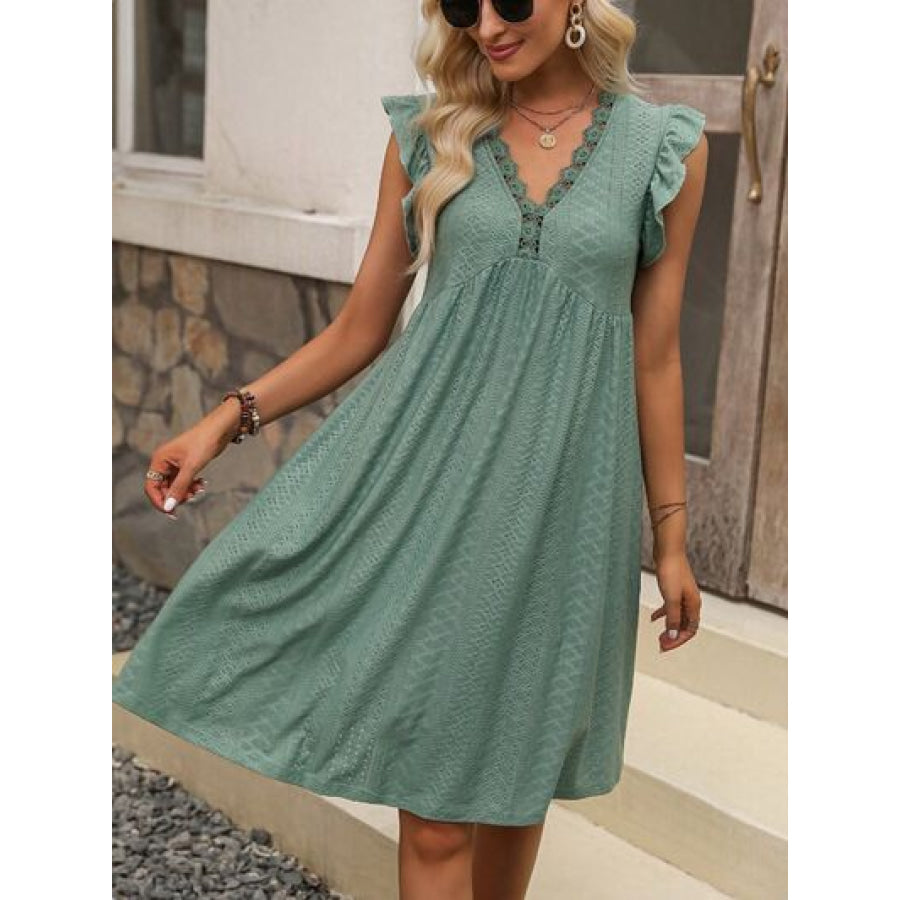 Lace Detail Ruffled V-Neck Mini Dress Clothing