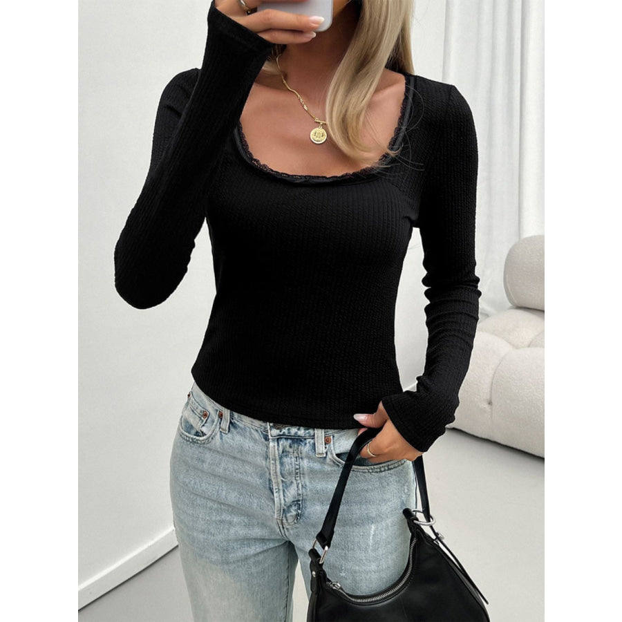 Lace Detail Scoop Neck Long Sleeve T-Shirt Apparel and Accessories