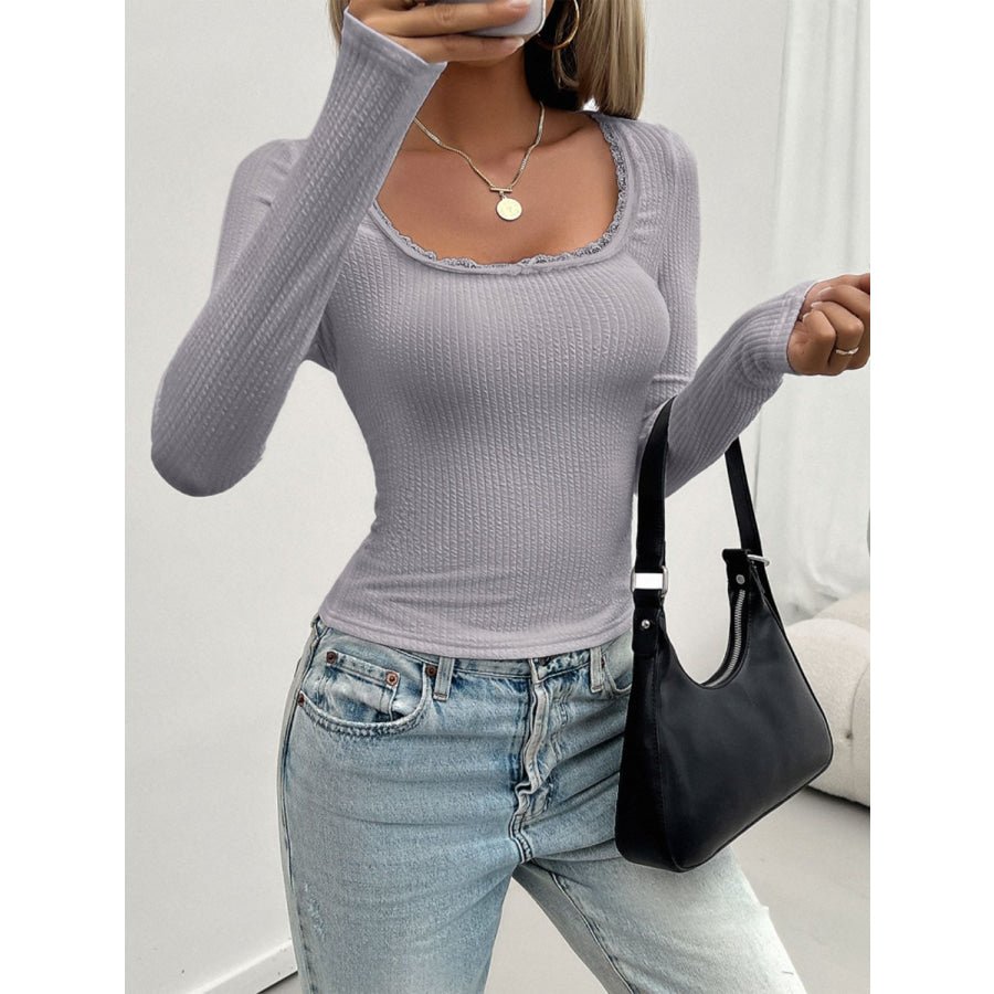 Lace Detail Scoop Neck Long Sleeve T-Shirt Apparel and Accessories