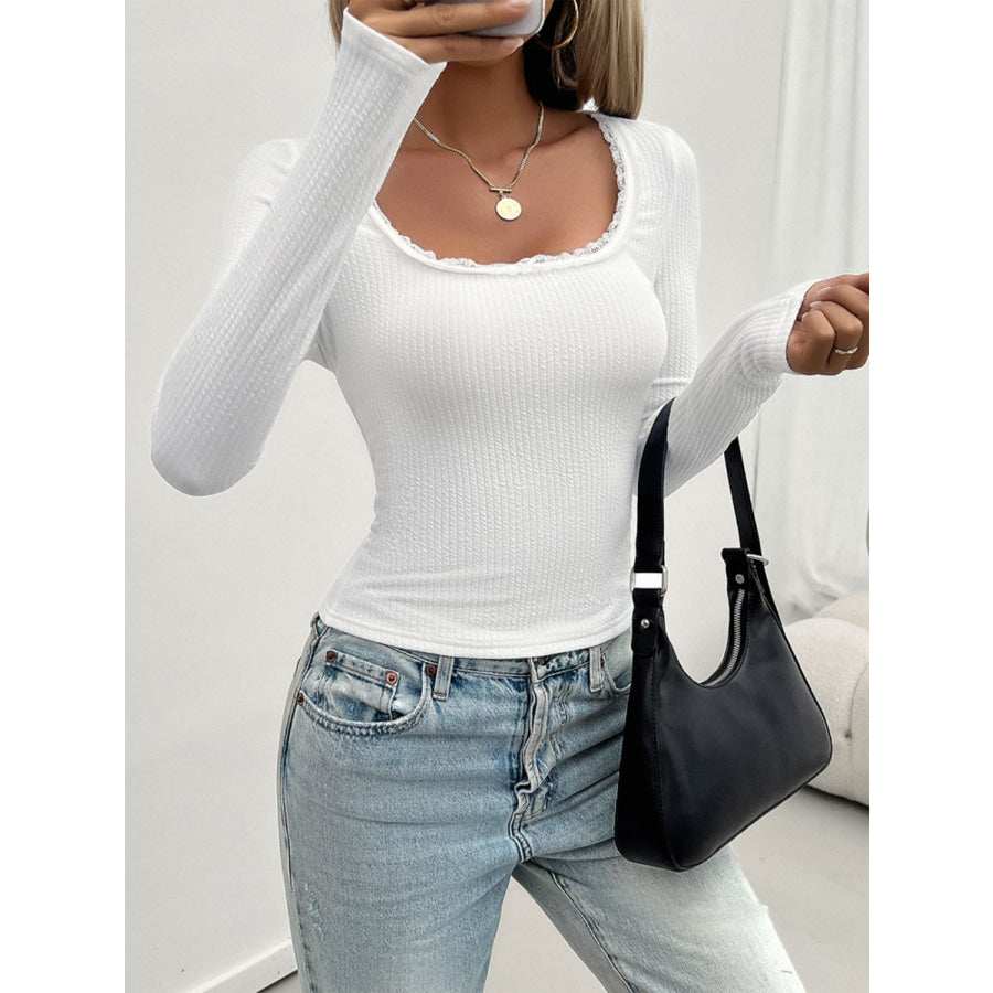 Lace Detail Scoop Neck Long Sleeve T-Shirt Apparel and Accessories