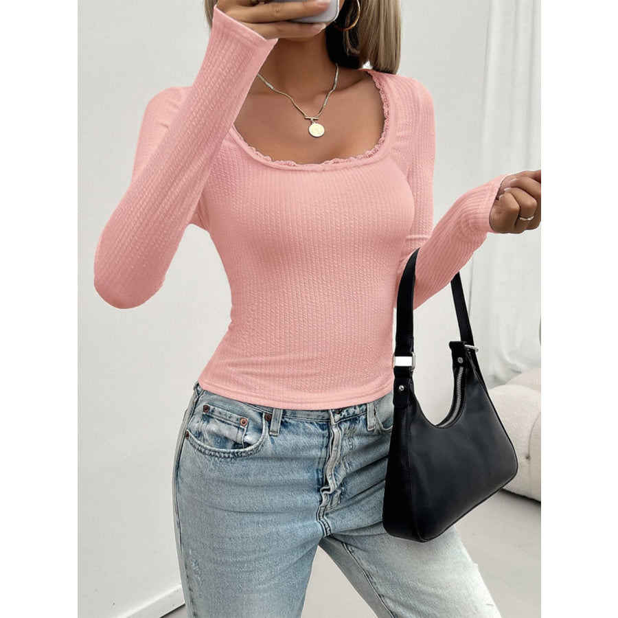Lace Detail Scoop Neck Long Sleeve T-Shirt Apparel and Accessories