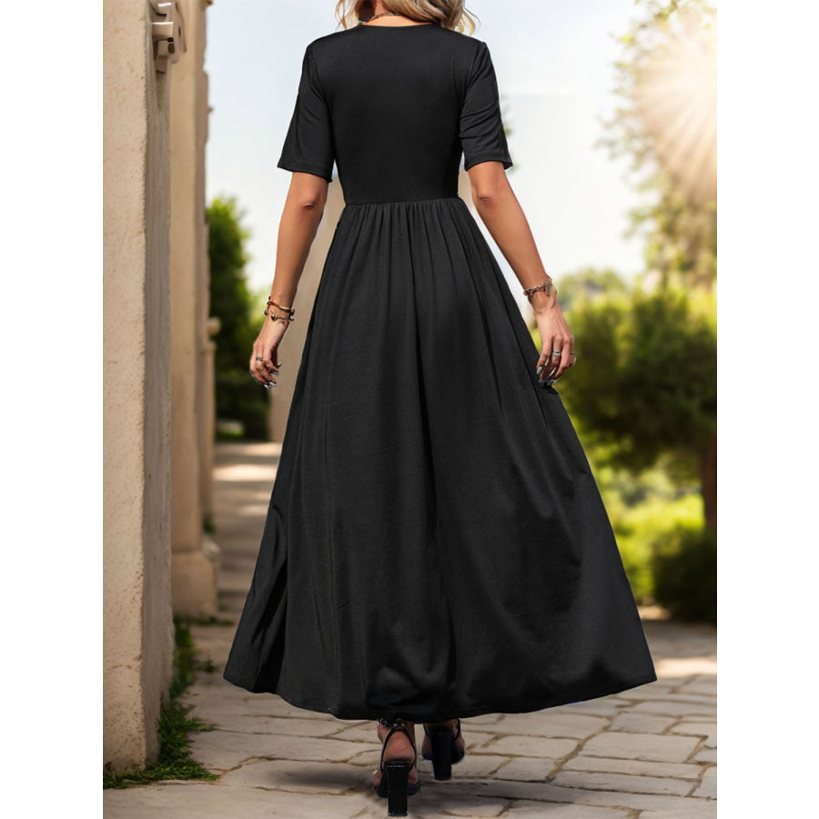 Lace Detail Slit V-Neck Short Sleeve Dress Black / S Apparel and Accessories