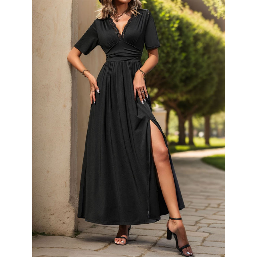 Lace Detail Slit V-Neck Short Sleeve Dress Black / S Apparel and Accessories