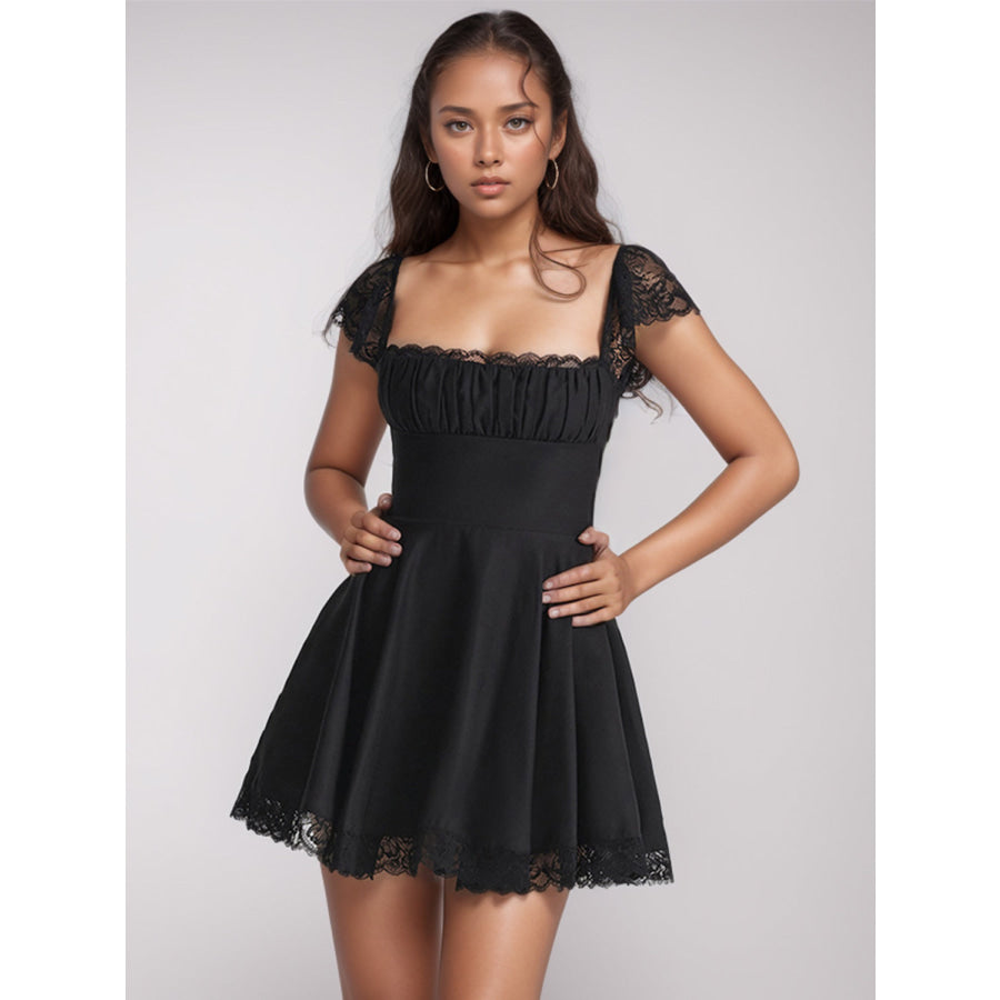 Lace Detail Square Neck Cap Sleeve Mini Dress Black / S Apparel and Accessories