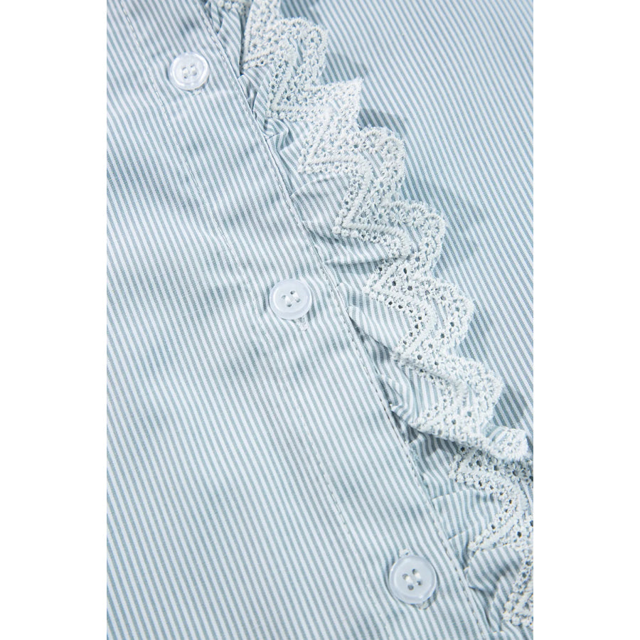 Lace Detail Striped Mock Neck Long Sleeve Shirt Apparel and Accessories