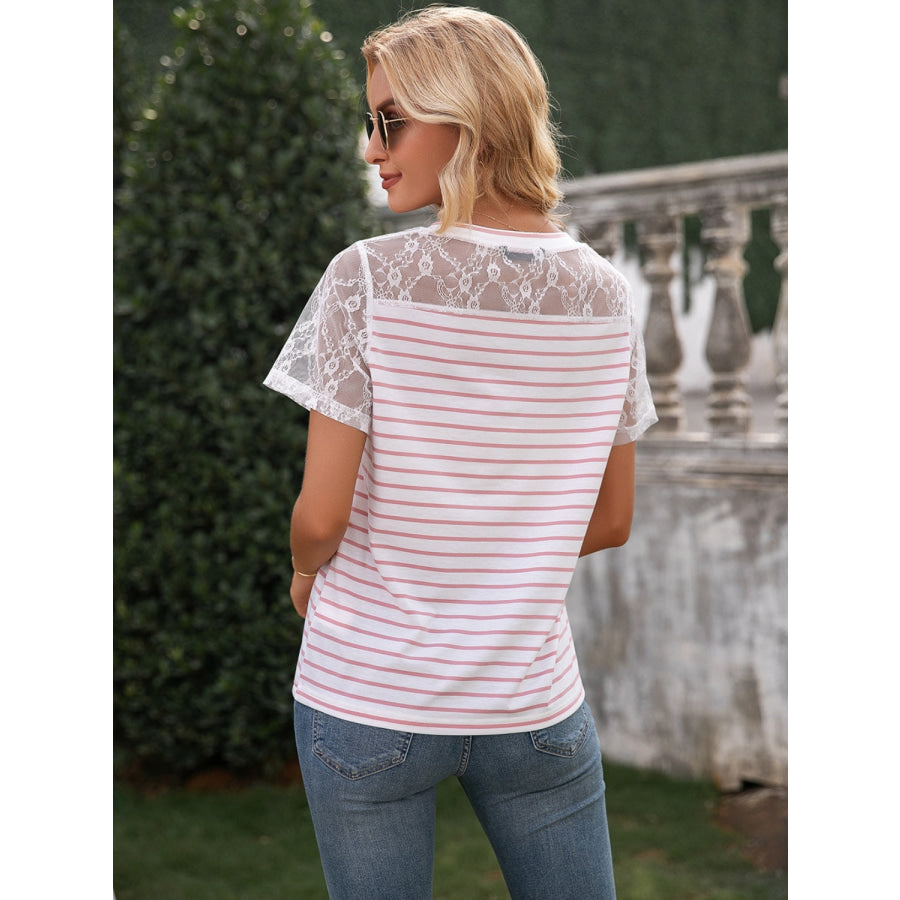 Lace Detail Striped V-Neck T-Shirt Apparel and Accessories