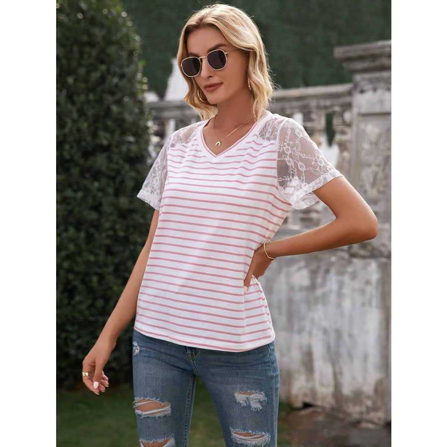 Lace Detail Striped V-Neck T-Shirt Apparel and Accessories