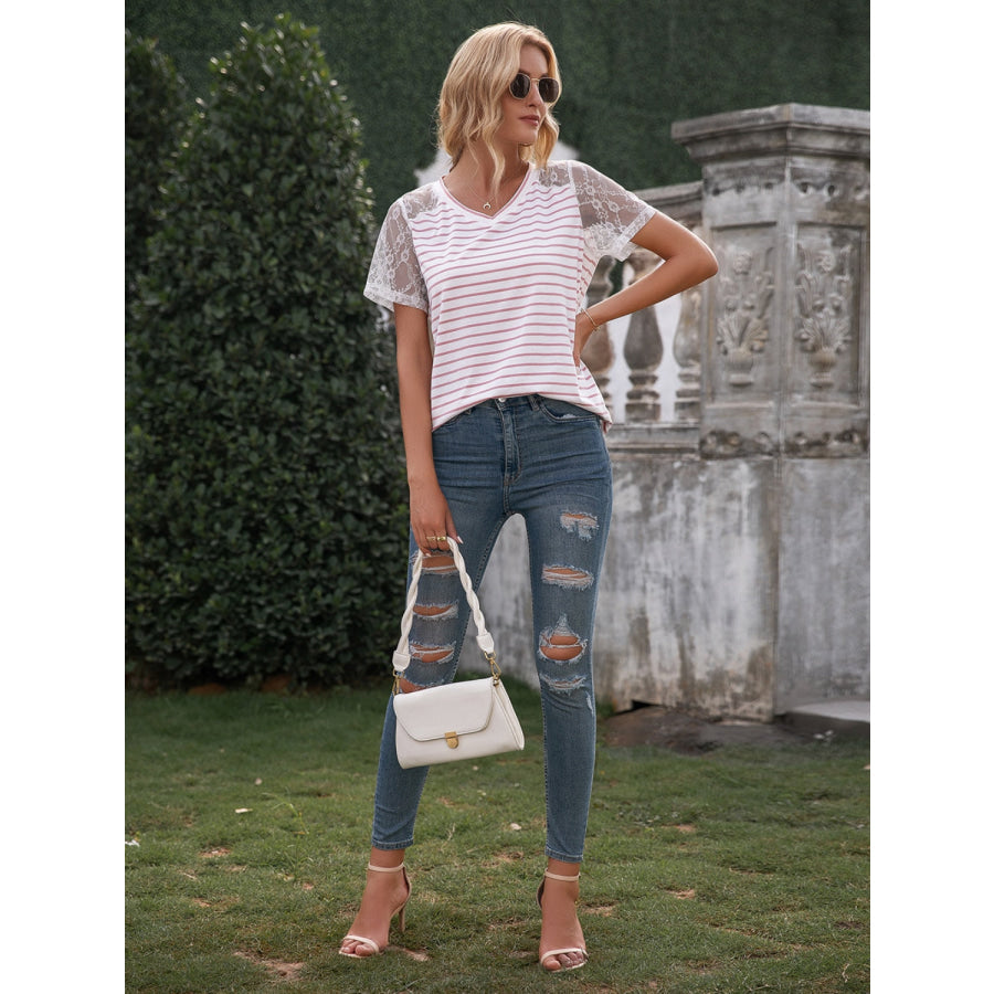 Lace Detail Striped V-Neck T-Shirt Apparel and Accessories