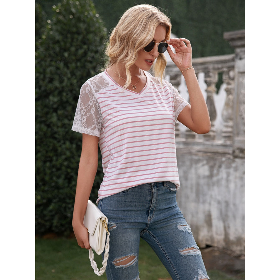 Lace Detail Striped V-Neck T-Shirt Apparel and Accessories