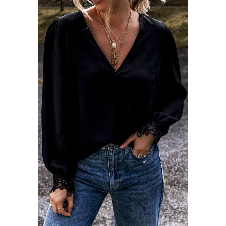 Lace Detail Surplice Long Sleeve Blouse Black / S Apparel and Accessories