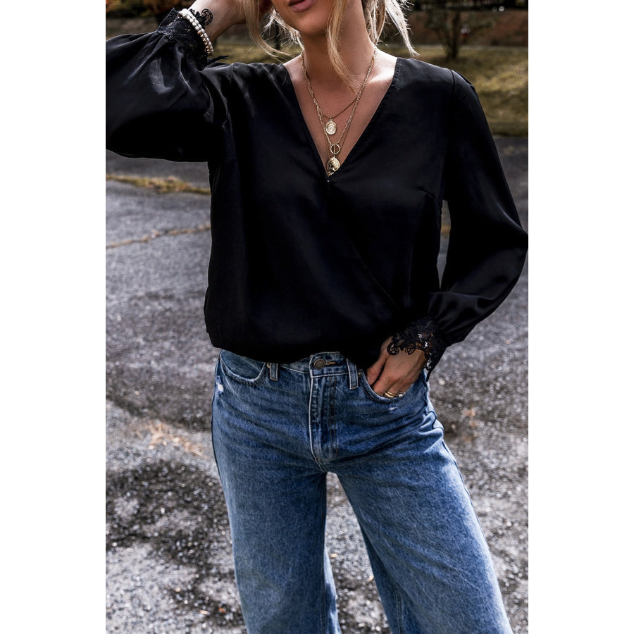 Lace Detail Surplice Long Sleeve Blouse Apparel and Accessories