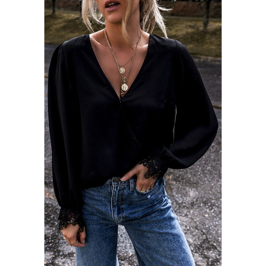 Lace Detail Surplice Long Sleeve Blouse Apparel and Accessories