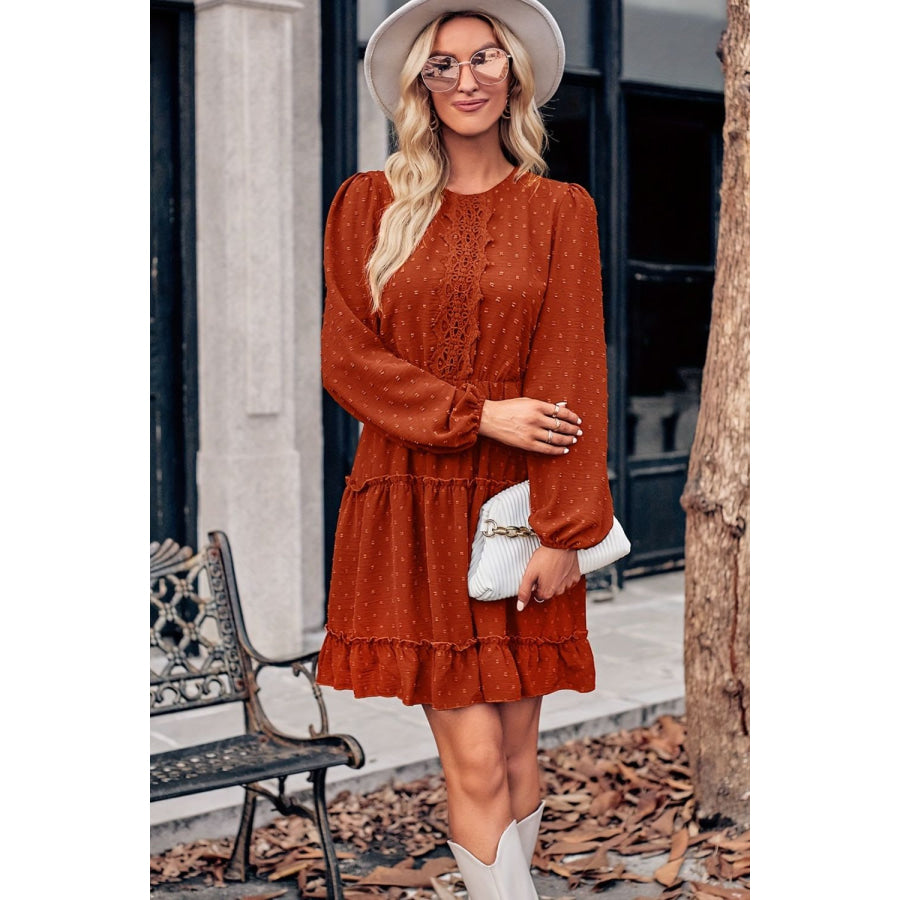 Lace Detail Swiss Dot Round Neck Mini Dress Apparel and Accessories