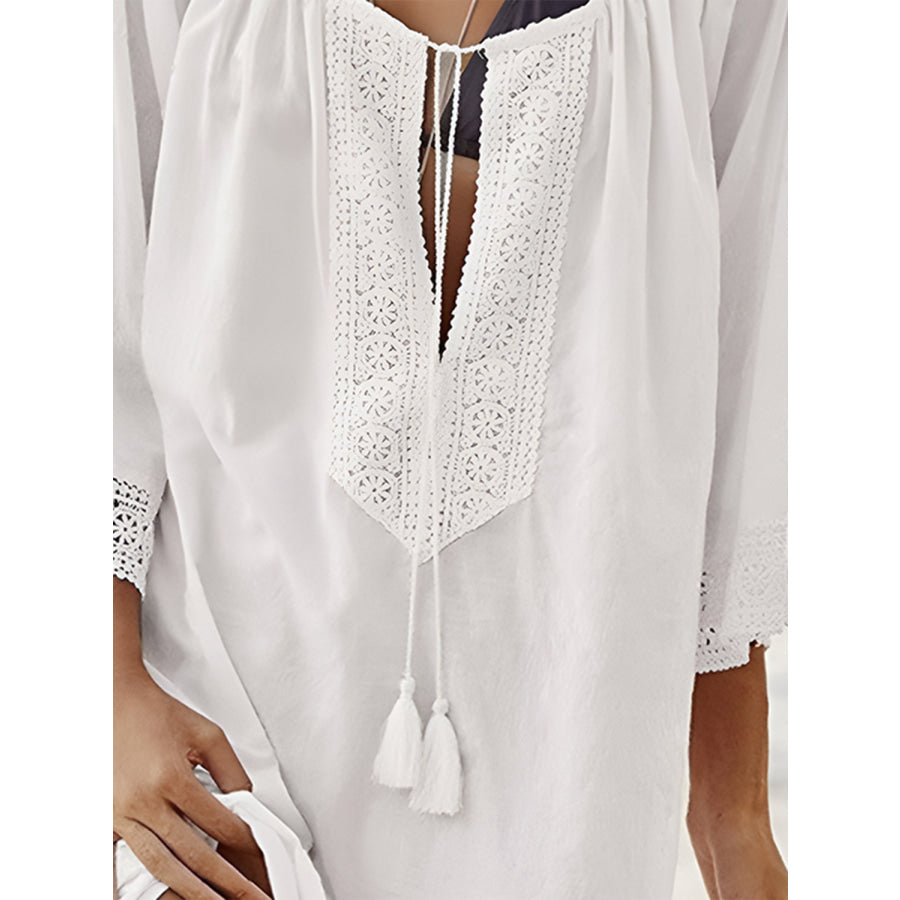 Lace Detail Tie Neck Three-Quarter Sleeve Cover Up White / One Size Apparel and Accessories