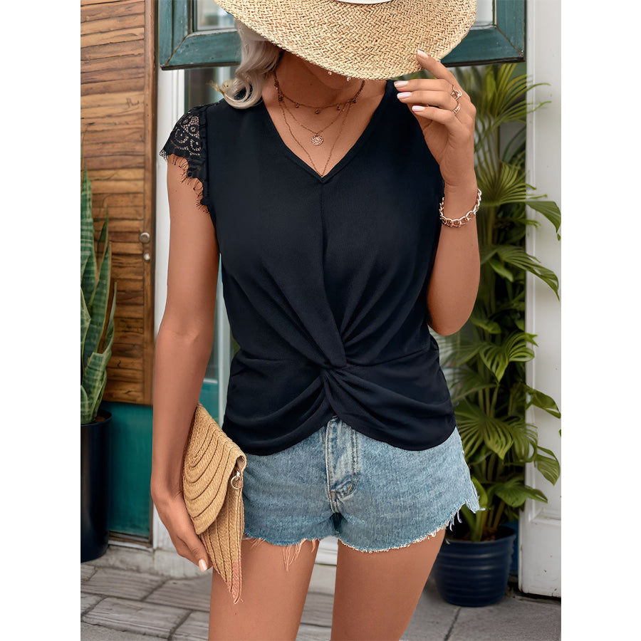 Lace Detail V-Neck Cap Sleeve T-Shirt Apparel and Accessories