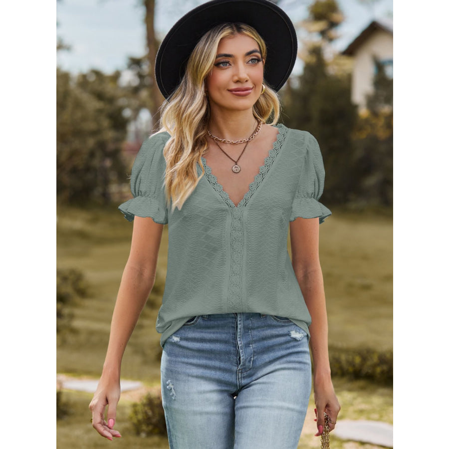Lace Detail V-Neck Flounce Sleeve Blouse Apparel and Accessories