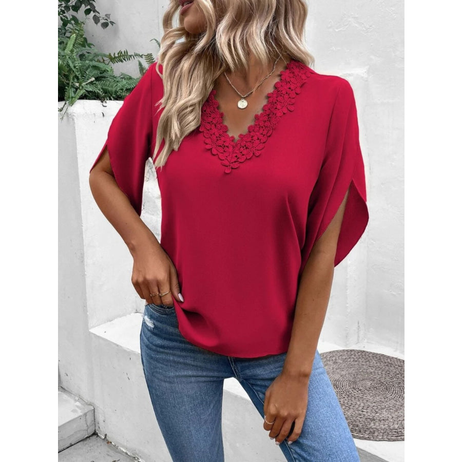 Lace Detail V-Neck Half Sleeve Blouse Apparel and Accessories