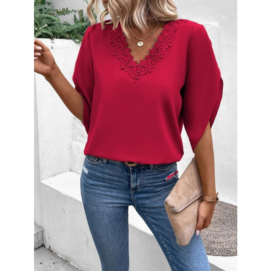Lace Detail V-Neck Half Sleeve Blouse Apparel and Accessories