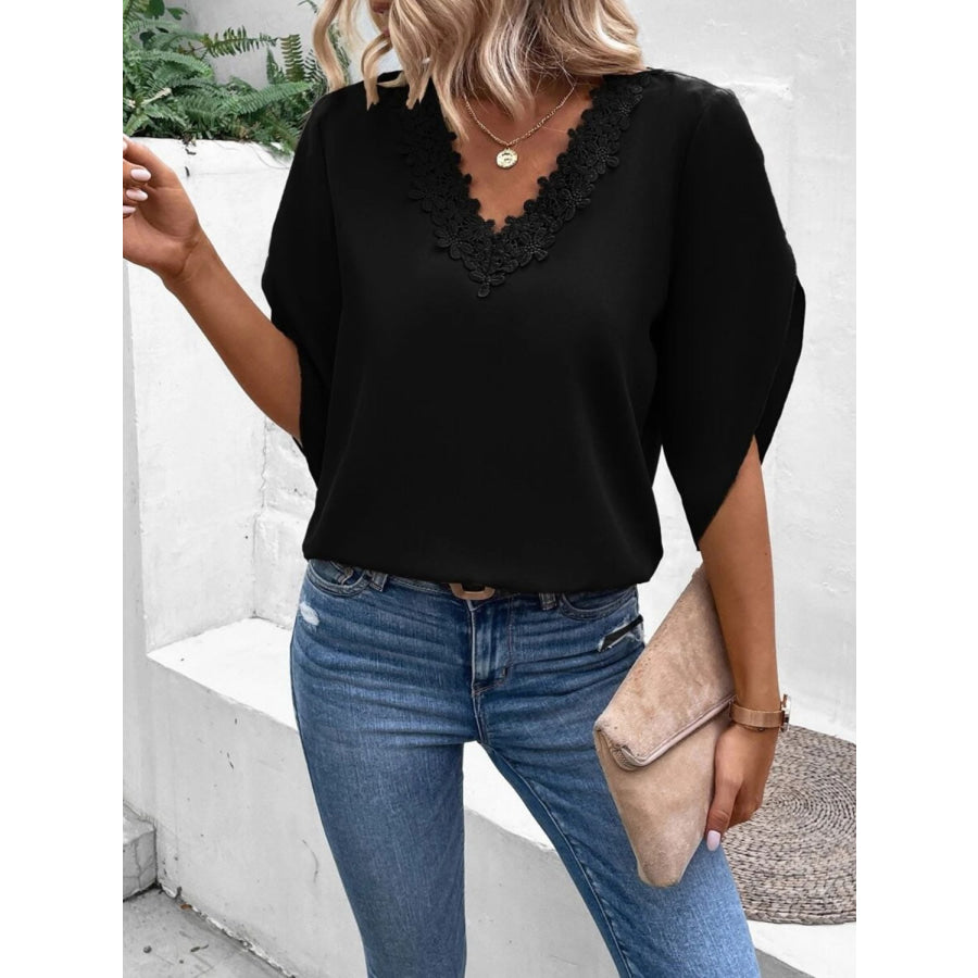 Lace Detail V-Neck Half Sleeve Blouse Black / S Apparel and Accessories