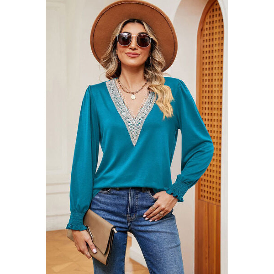 Lace Detail V-Neck Lantern Sleeve T-Shirt Clothing