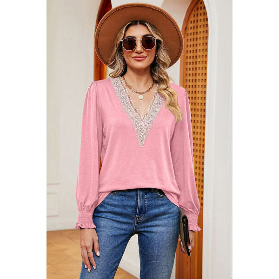 Lace Detail V-Neck Lantern Sleeve T-Shirt Clothing