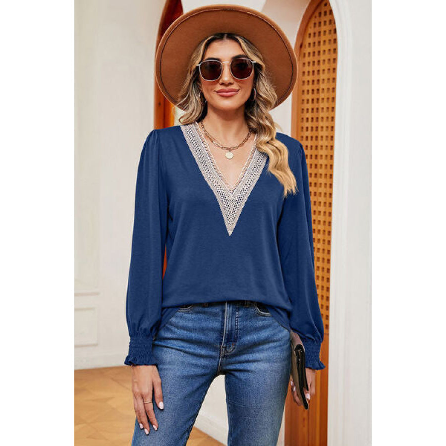Lace Detail V-Neck Lantern Sleeve T-Shirt Clothing