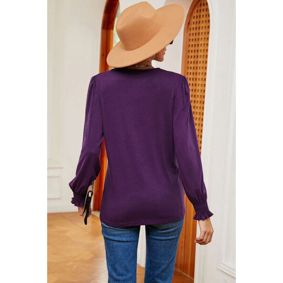 Lace Detail V-Neck Lantern Sleeve T-Shirt Clothing