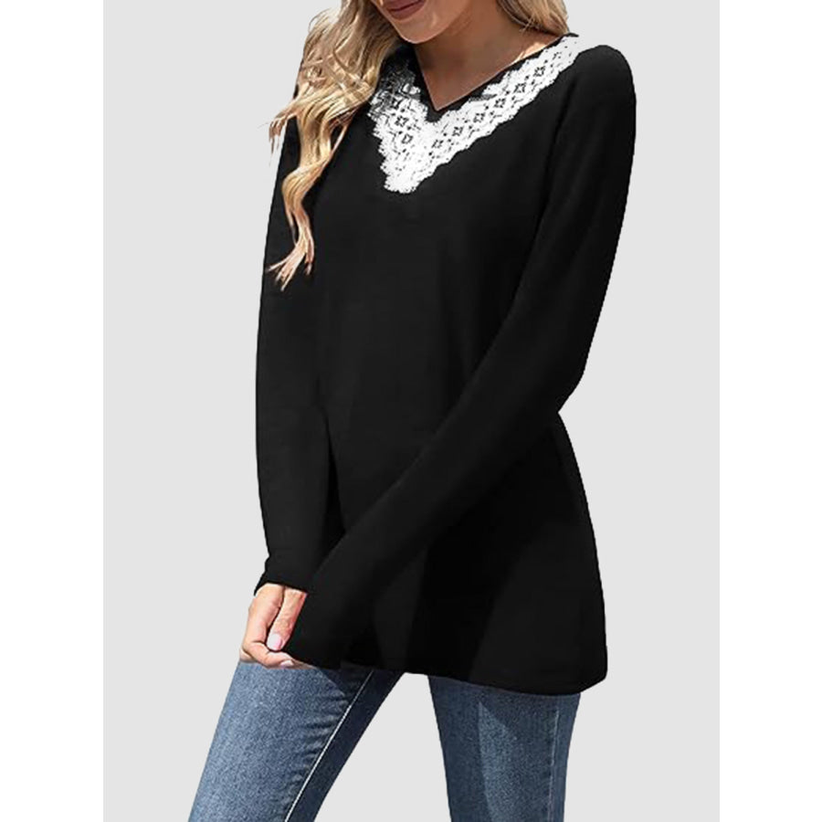 Lace Detail V-Neck Long Sleeve T-Shirt Apparel and Accessories