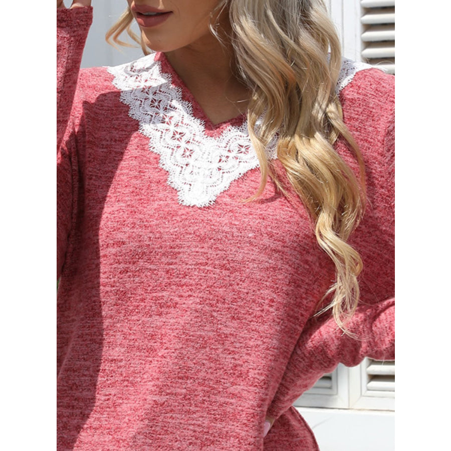 Lace Detail V-Neck Long Sleeve T-Shirt Apparel and Accessories