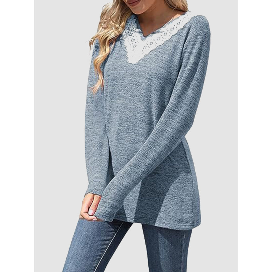 Lace Detail V-Neck Long Sleeve T-Shirt Apparel and Accessories
