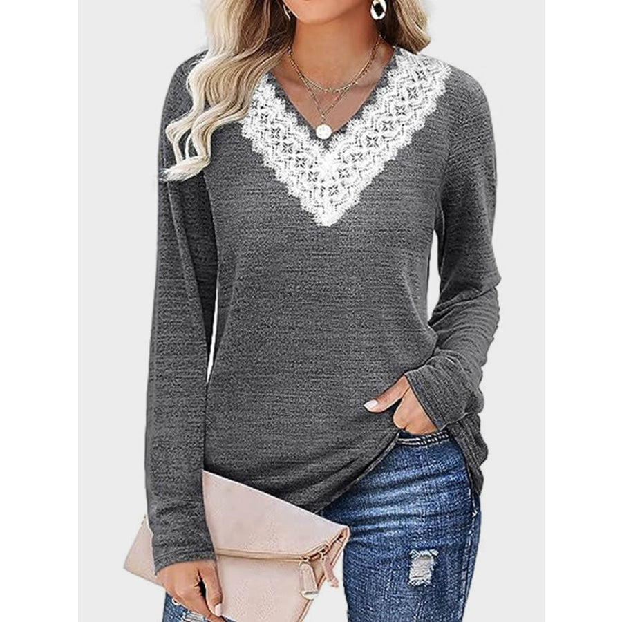 Lace Detail V-Neck Long Sleeve T-Shirt Apparel and Accessories