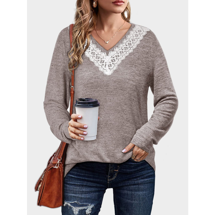 Lace Detail V-Neck Long Sleeve T-Shirt Apparel and Accessories