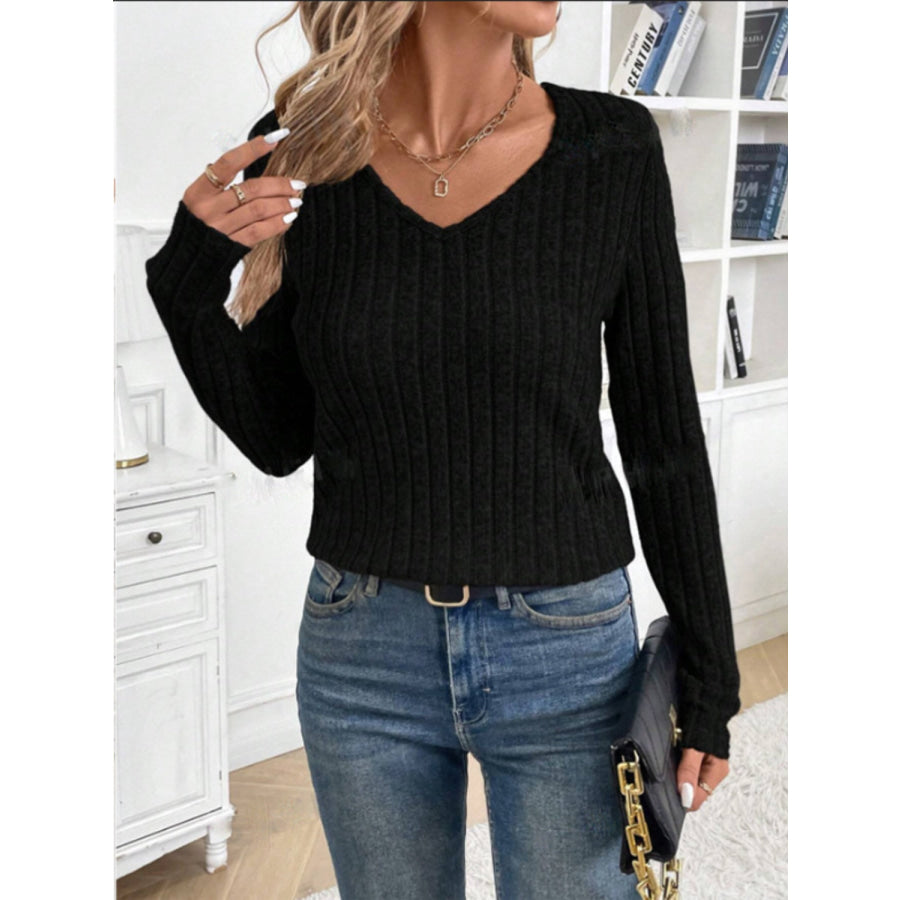 Lace Detail V-Neck Long Sleeve T-Shirt Black / S Apparel and Accessories