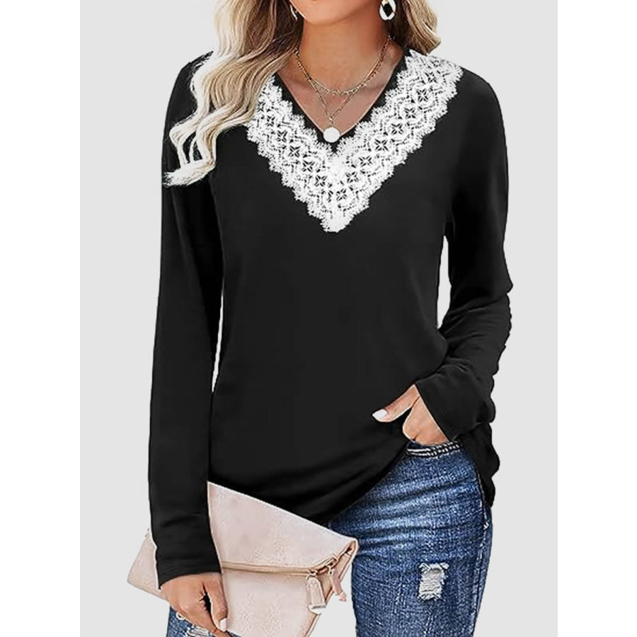 Lace Detail V-Neck Long Sleeve T-Shirt Black / S Apparel and Accessories